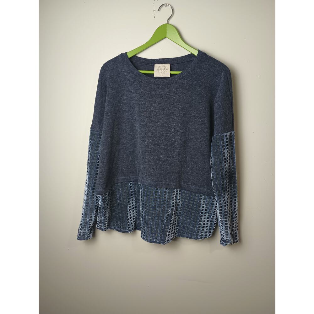 Fantastic Fawn Blue Velour detail Long sleeve Blouse Top Women Medium boho